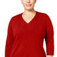Karen Scott Suéter feminino canelado com decote em V vermelho brilhante tamanho GG