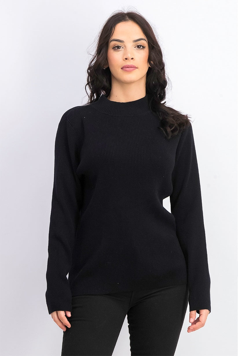 Karen Scott Blusa Feminina de Algodão com Gola Alta e Canelada, Preta, Tamanho P