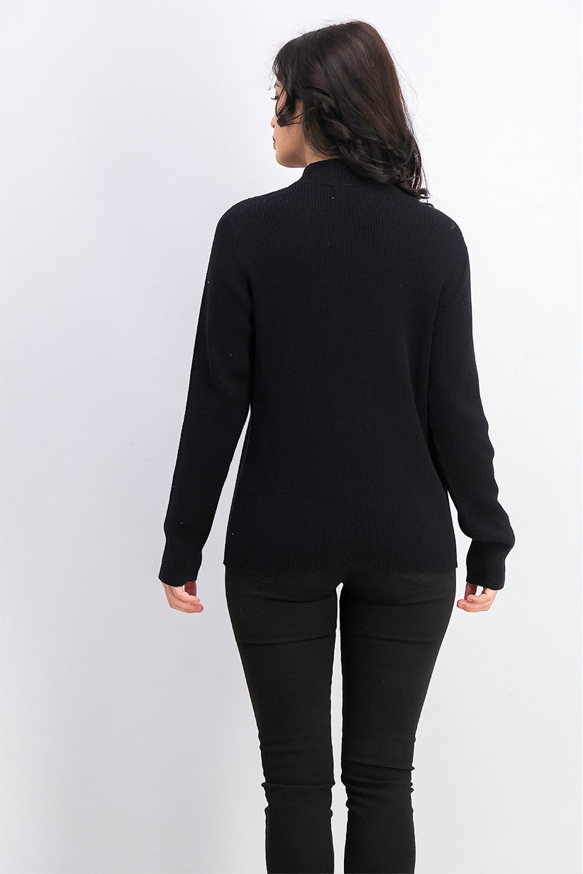 Karen Scott Blusa feminina de gola alta canelada em algodão, preta, tamanho X-S