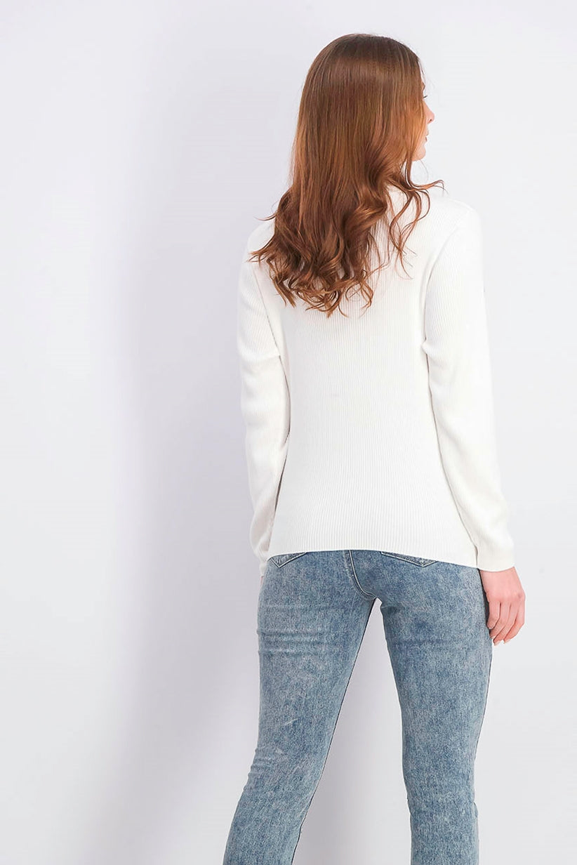 Karen Scott Blusa feminina de gola alta canelada em algodão, branca, tamanho pequeno