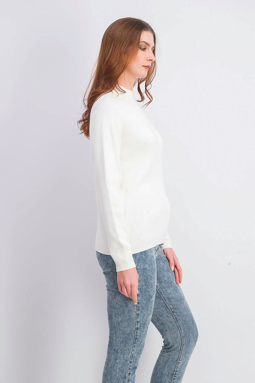 Karen Scott Blusa feminina de gola alta canelada em algodão, branca, tamanho pequeno