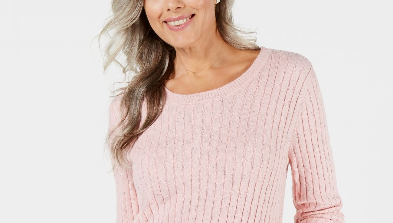 Karen Scott Suéter Feminino de Tricô de Algodão com Cabo Rosa Tamanho Pequeno Médio