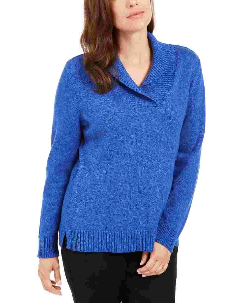 Karen Scott Suéter Feminino Manga Longa Canelado Gola Xale Azul Tamanho XS