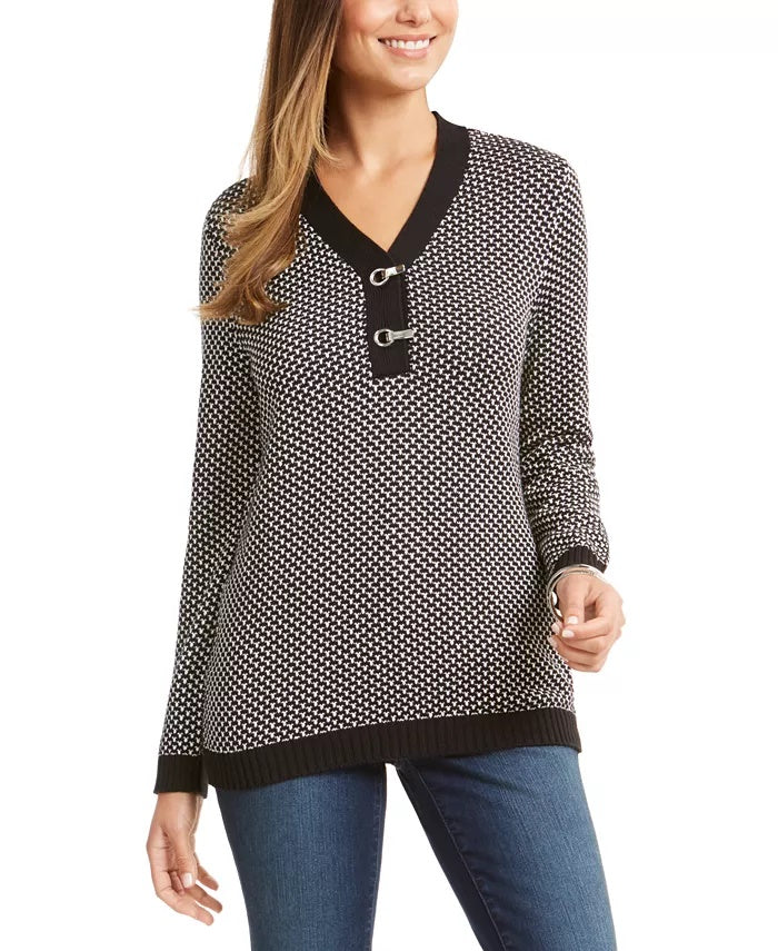 Karen Scott Suéter Feminino de Algodão Texturizado com Acabamento Contrastante, Preto, Tamanho Grande