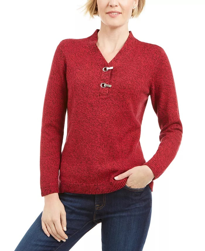Karen Scott Suéter Henley de Algodão com Acabamento em Ferragens Feminino Vermelho Tamanho Pequeno Médio