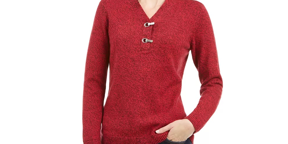 Karen Scott Suéter Henley de Algodão com Acabamento em Ferragens Feminino Vermelho Tamanho Pequeno Médio
