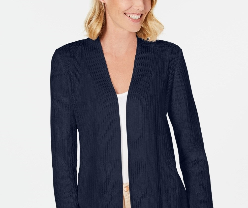 Cardigan feminino Karen Scott Petite Cotton Mixed Knit, azul-marinho, tamanho 44