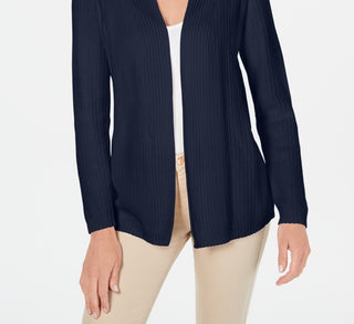 Cardigan feminino Karen Scott Petite Cotton Mixed Knit, azul-marinho, tamanho 44
