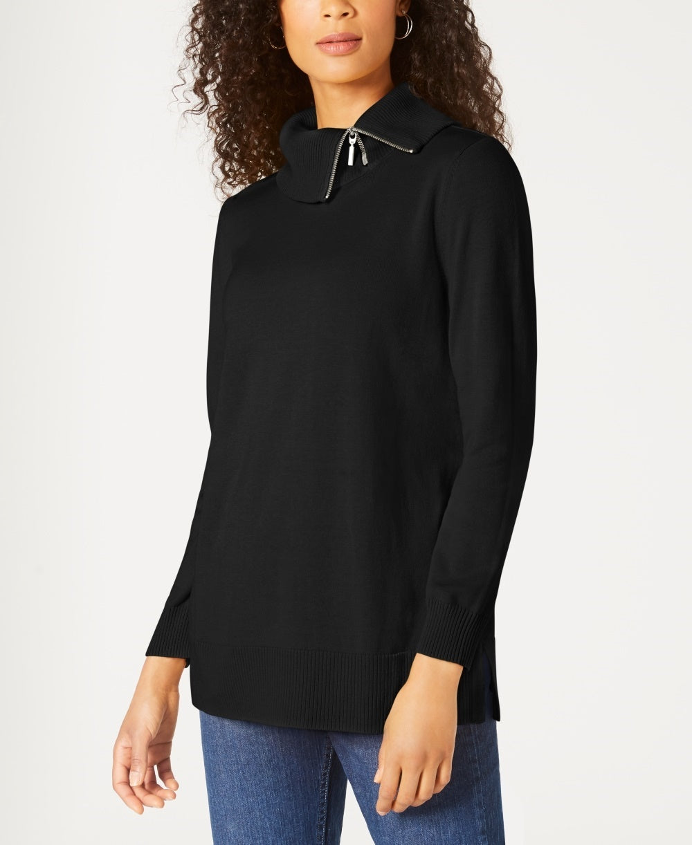 Karen Scott Suéter Feminino de Algodão com Zíper e Gola Alta Preto Tamanho XS