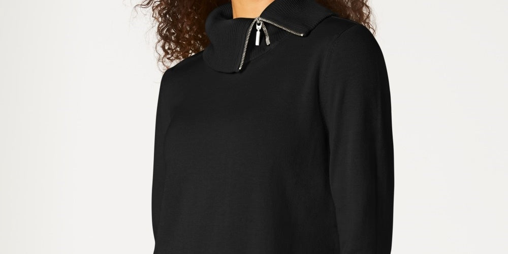 Karen Scott Suéter Feminino de Algodão com Zíper e Gola Alta Preto Tamanho XS