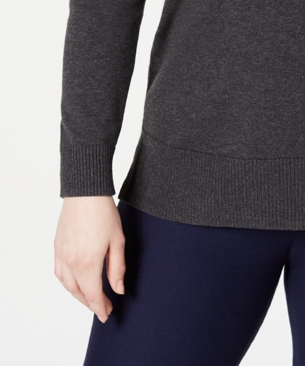 Karen Scott Suéter Feminino de Algodão com Zíper e Gola Alta, Cinza Escuro, Tamanho XS