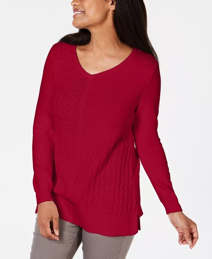 Suéter feminino Karen Scott de algodão com pontos mistos, vermelho brilhante, tamanho extra grande