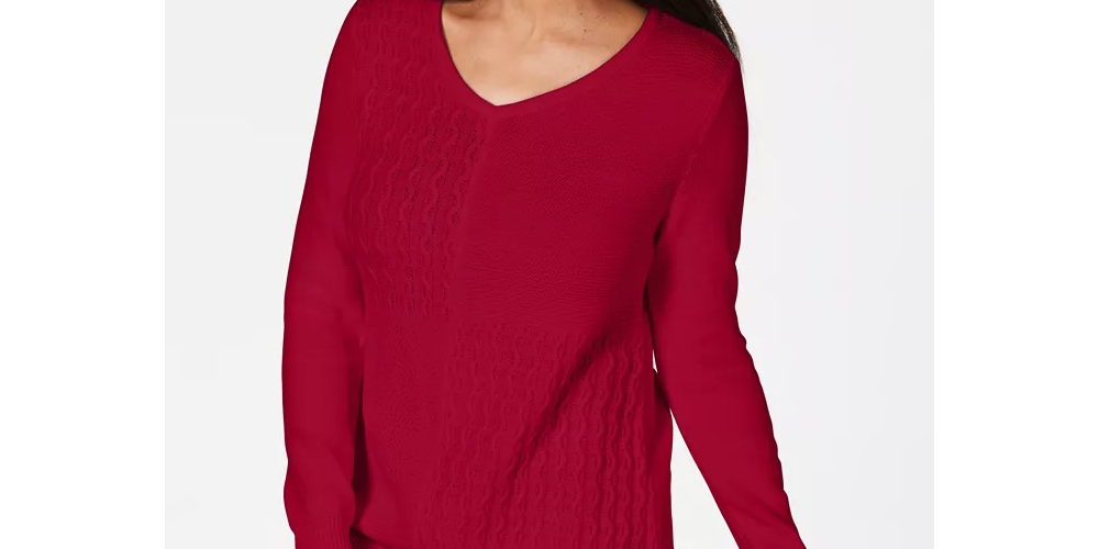 Suéter feminino Karen Scott de algodão com pontos mistos, vermelho brilhante, tamanho extra grande
