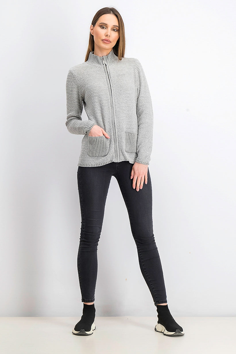 Karen Scott Cardigan texturizado com zíper frontal, cinza, tamanho XX-G