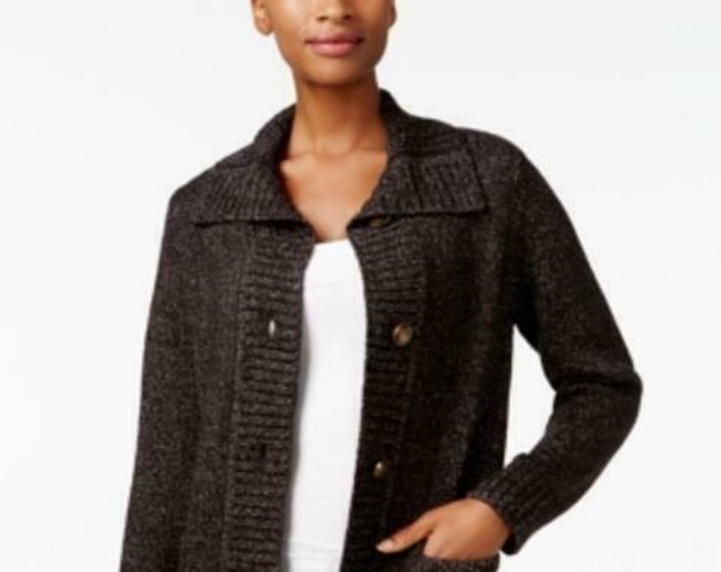 Karen Scott Cardigan Feminino com Botões Frontais e Gola Xale, Preto, Tamanho XG
