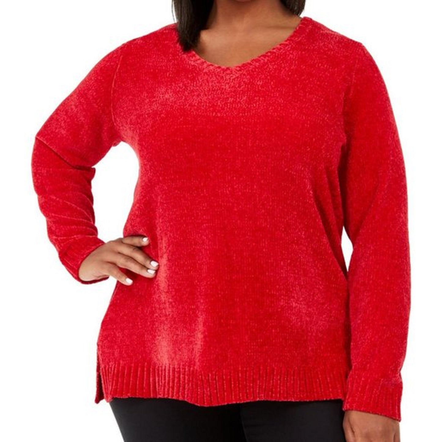 Karen Scott Suéter Feminino Gola V Chenille Vermelho Brilhante Tamanho Extra Pequeno