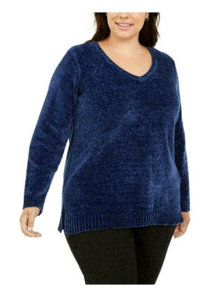 Karen Scott Suéter Feminino Gola V Chenille Azul Tamanho 3X