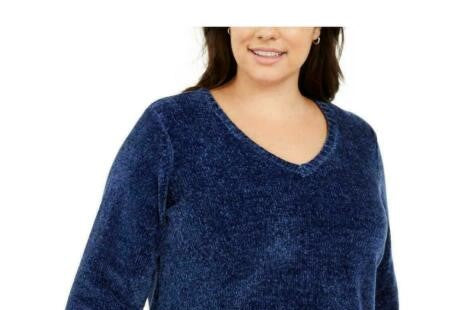 Karen Scott Suéter Feminino Gola V Chenille Azul Tamanho 3X