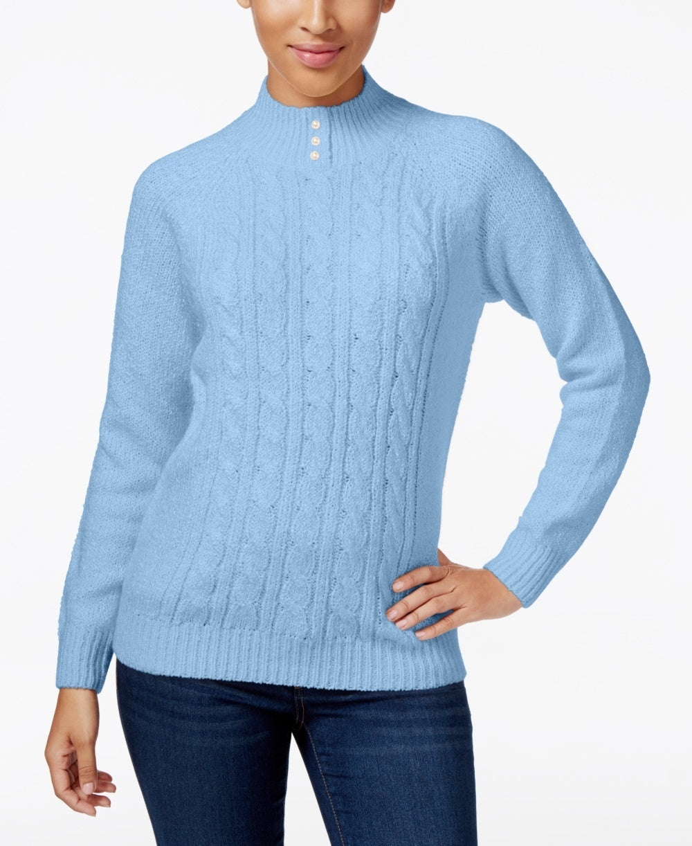 Karen Scott Suéter Feminino Petite Cable-Knit Azul Tamanho Médio