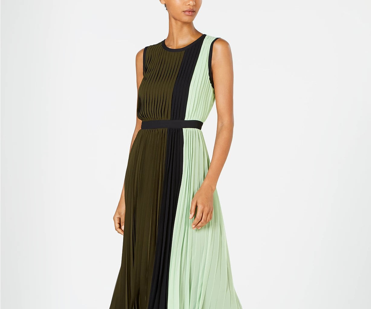 Vestido plissado sem mangas Alfani feminino, com blocos de cores, verde escuro, tamanho 4