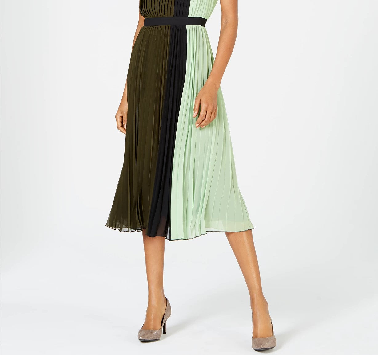Vestido plissado sem mangas Alfani feminino, com blocos de cores, verde escuro, tamanho 4
