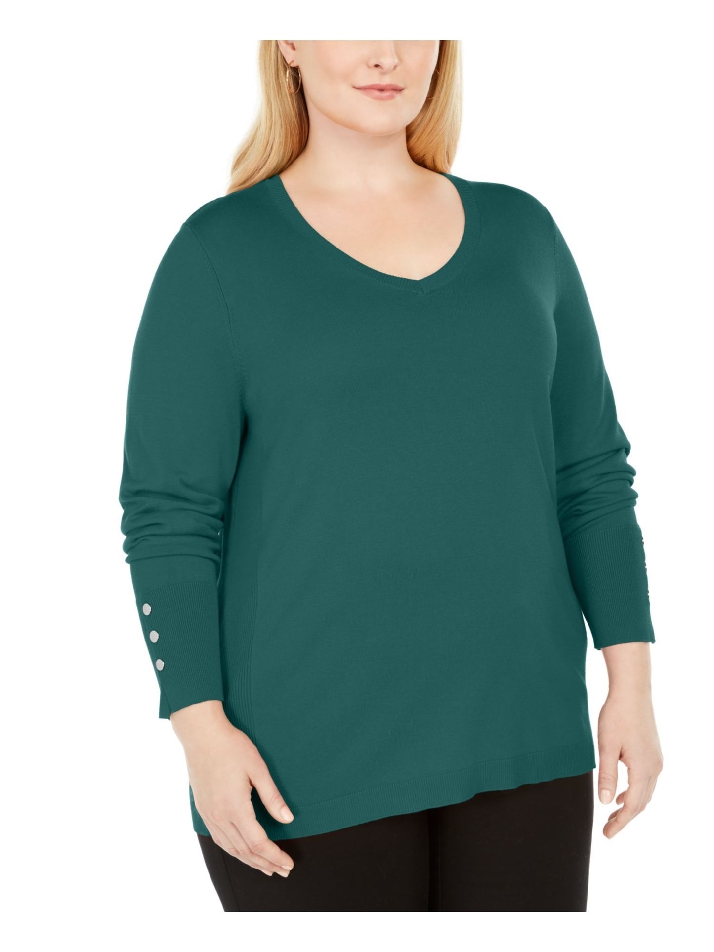 Camiseta feminina verde lisa com decote redondo e manga comprida, tamanho 1X, da coleção JM