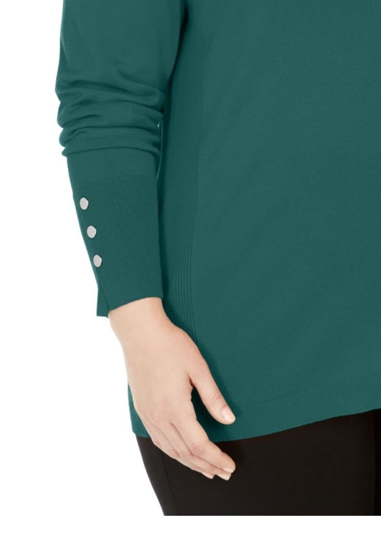 Camiseta feminina verde lisa com decote redondo e manga comprida, tamanho 1X, da coleção JM