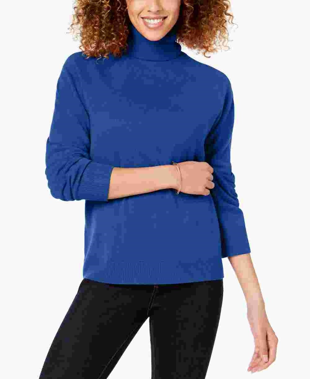 Karen Scott Suéter Feminino Manga Longa Gola Alta Canelada Azul Marinho Tamanho XS