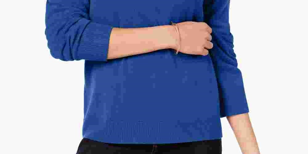 Karen Scott Suéter Feminino Manga Longa Gola Alta Canelada Azul Marinho Tamanho XS