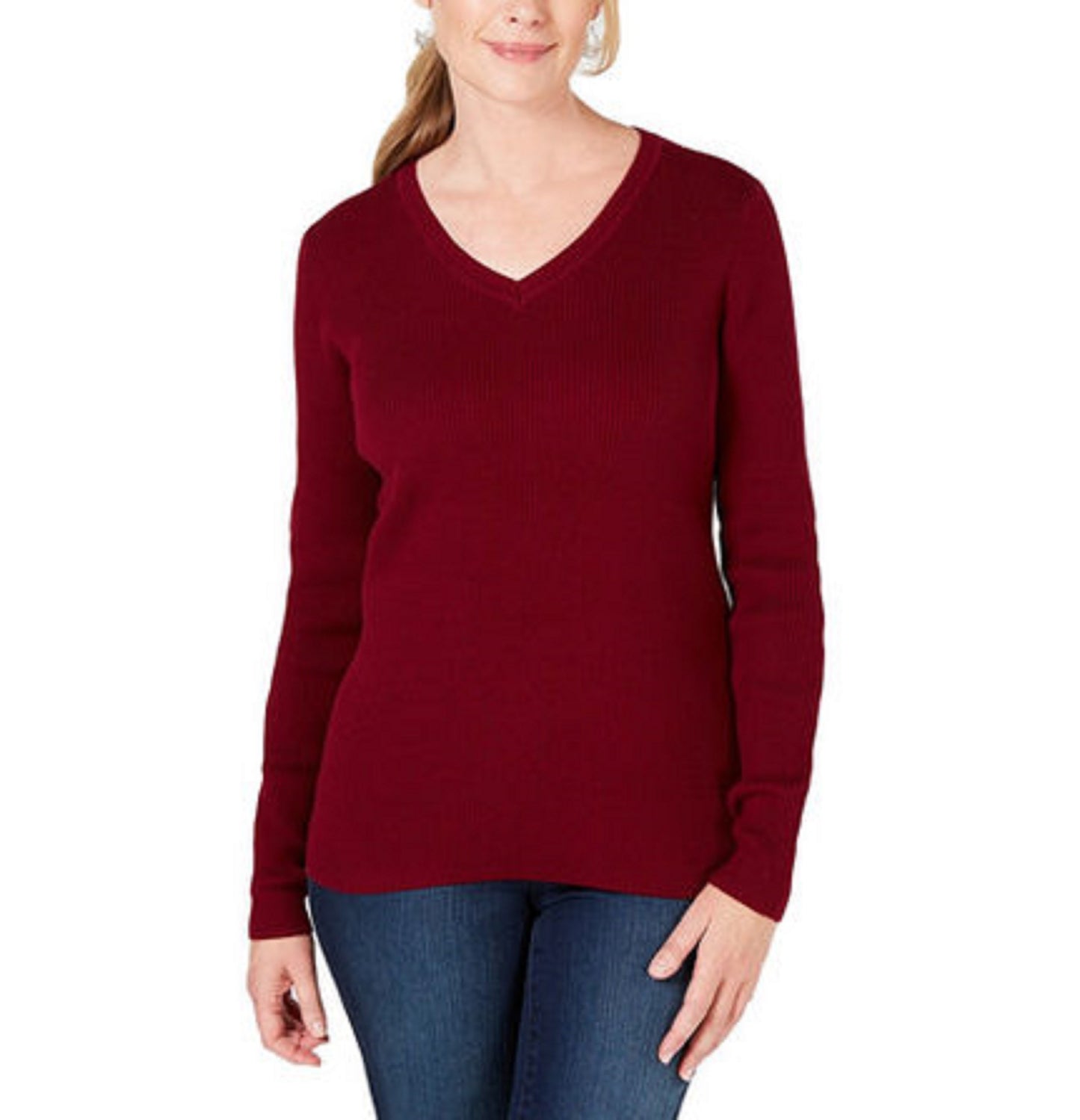 Karen Scott Suéter feminino pequeno com decote em V, vermelho, tamanho pequeno