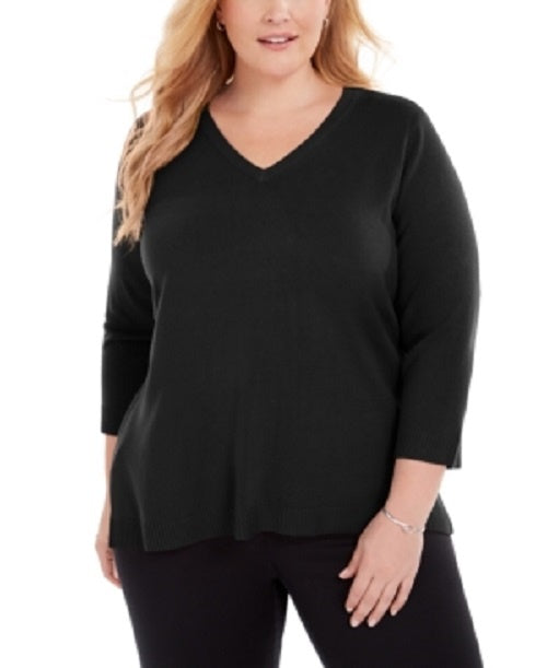 Karen Scott Suéter Luxsoft Plus Size com Decote em V, Preto, Tamanho 1X
