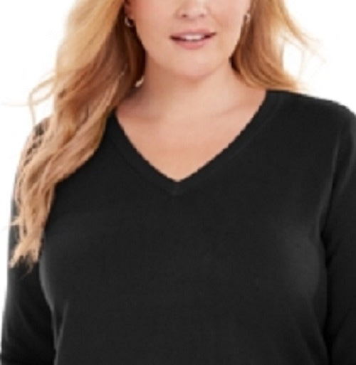 Karen Scott Suéter Luxsoft Plus Size com Decote em V, Preto, Tamanho 1X