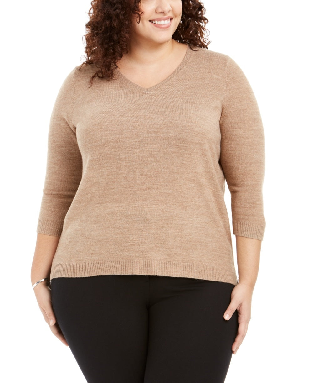 Karen Scott Suéter Plus Size Feminino Gola V Luxsoft Marrom Tamanho 3X