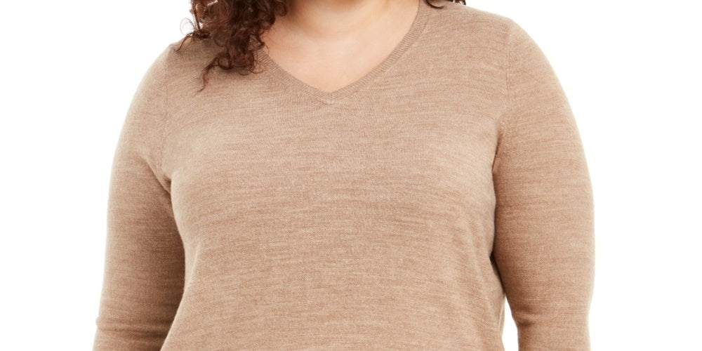 Karen Scott Suéter Plus Size Feminino Gola V Luxsoft Marrom Tamanho 3X
