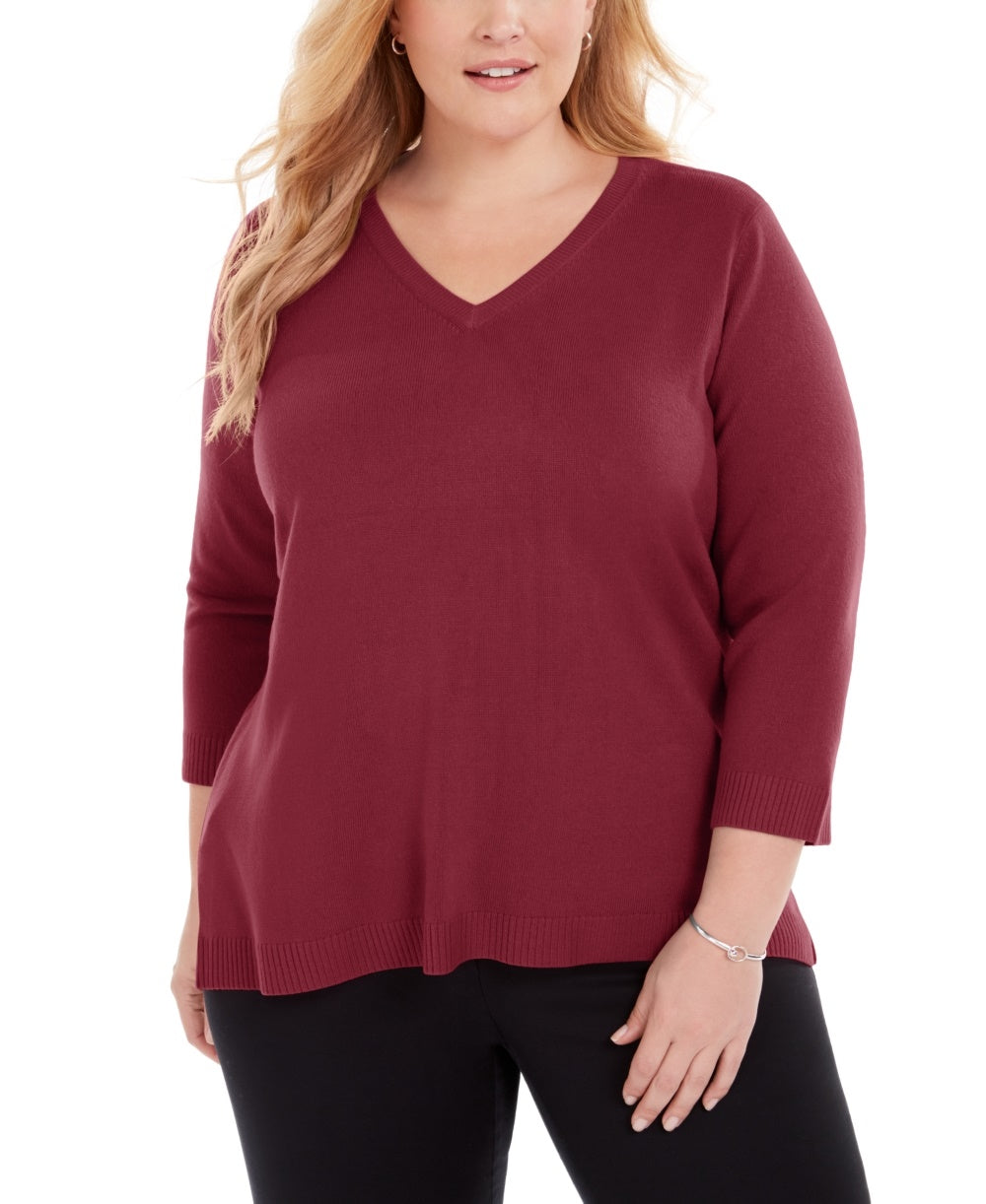 Karen Scott Suéter Luxsoft com decote em V feminino, vermelho, tamanho 3X