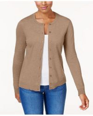 Cardigan feminino Karen Scott com botões e contas, marrom, tamanho extrapequeno