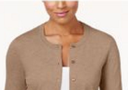 Cardigan feminino Karen Scott com botões e contas, marrom, tamanho extrapequeno