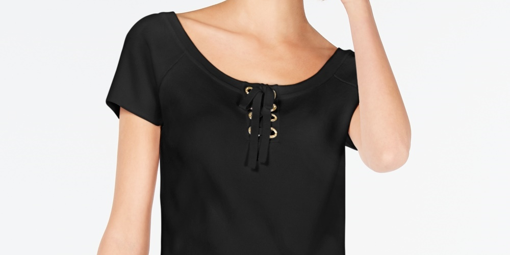 INC International Concepts Top feminino liso com cadarço, preto, tamanho extragrande