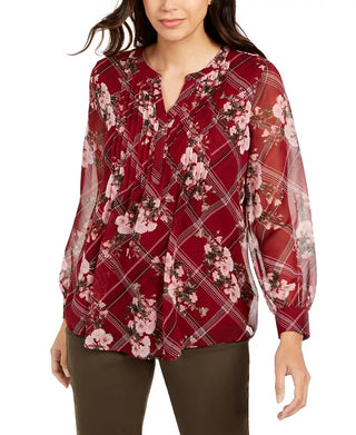 Charter Club Women's Printed Split-Neck Top Wine Size Extra Small