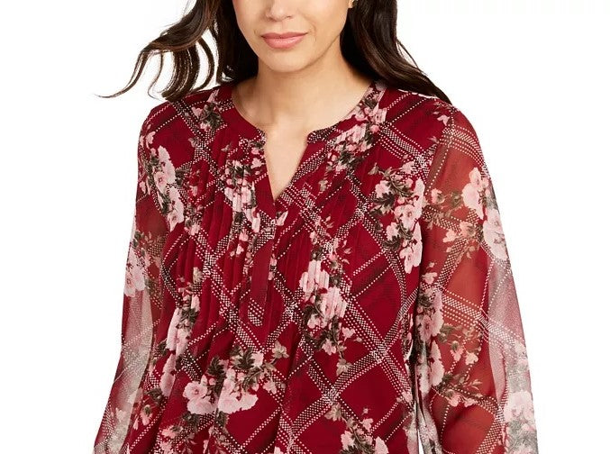 Charter Club Blusa feminina estampada com decote aberto, tamanho vinho, extra pequeno