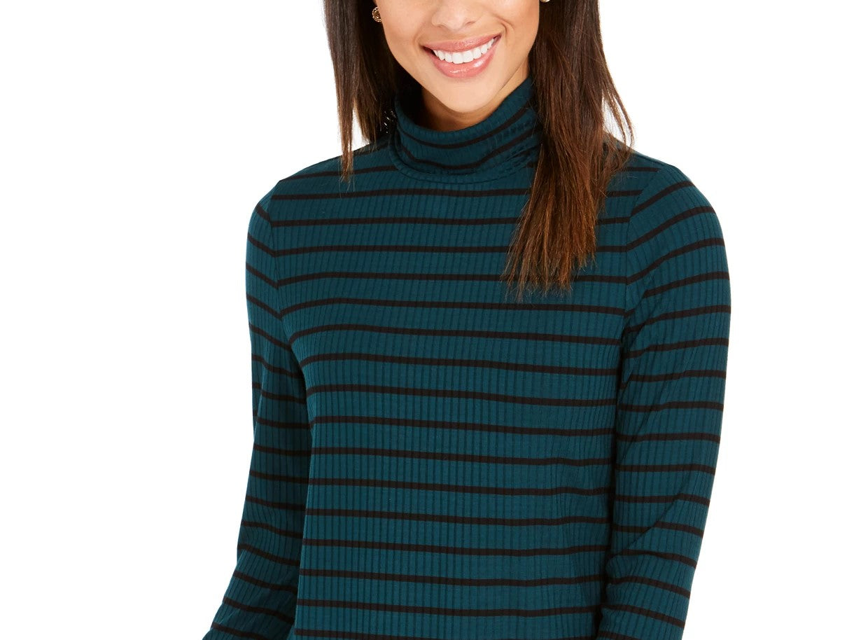 Blusa feminina listrada de gola alta Charter Club, verde, tamanho grande