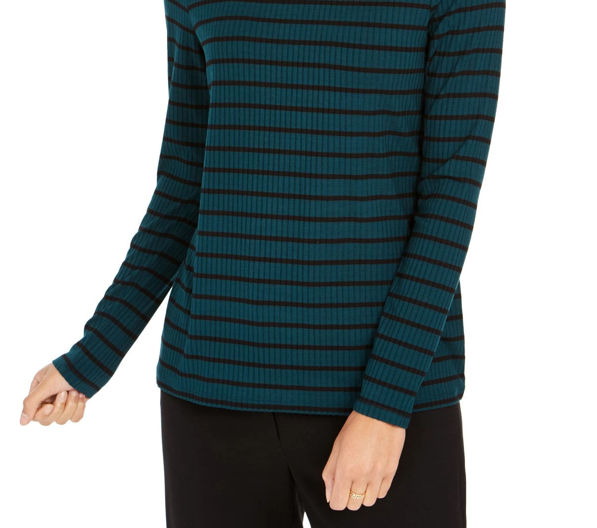 Blusa feminina listrada de gola alta Charter Club, verde, tamanho grande