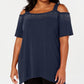 JM Collection Top Feminino com Ombros Descobertos e Enfeitado Azul Escuro Tamanho P
