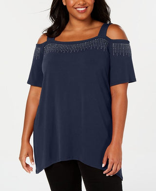 JM Collection Top Feminino com Ombros Descobertos e Enfeitado Azul Escuro Tamanho P