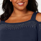 JM Collection Top Feminino com Ombros Descobertos e Enfeitado Azul Escuro Tamanho P