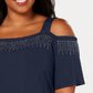JM Collection Top Feminino com Ombros Descobertos e Enfeitado Azul Escuro Tamanho P