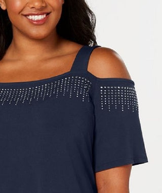 JM Collection Top Feminino com Ombros Descobertos e Enfeitado Azul Escuro Tamanho P