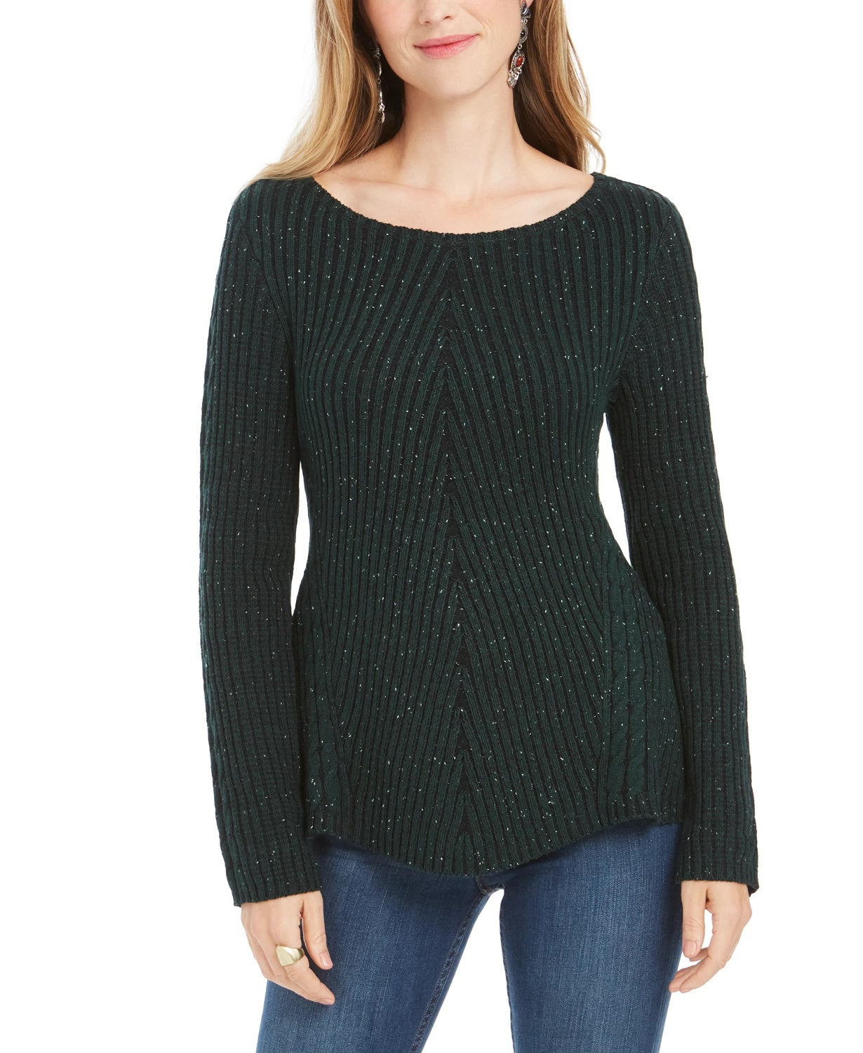 Camiseta feminina texturizada de malha estampada, manga comprida, gola redonda, verde, tamanho grande