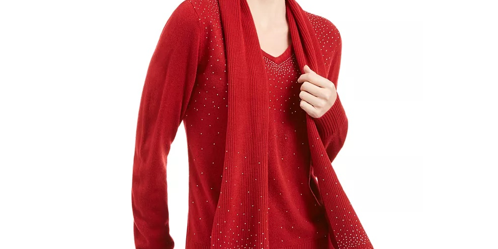 Karen Scott Suéter Feminino com Cachecol Enfeitado Vermelho Tamanho Médio