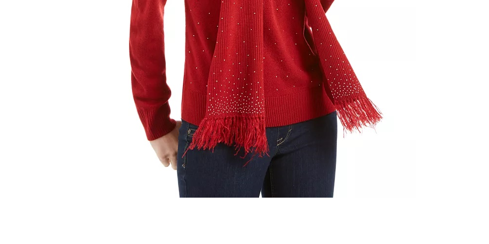Karen Scott Suéter Feminino com Cachecol Enfeitado Vermelho Tamanho Médio